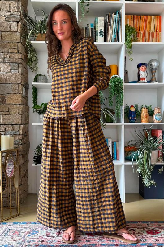 Bibi Gingham Frill Neck Shirt Ochre